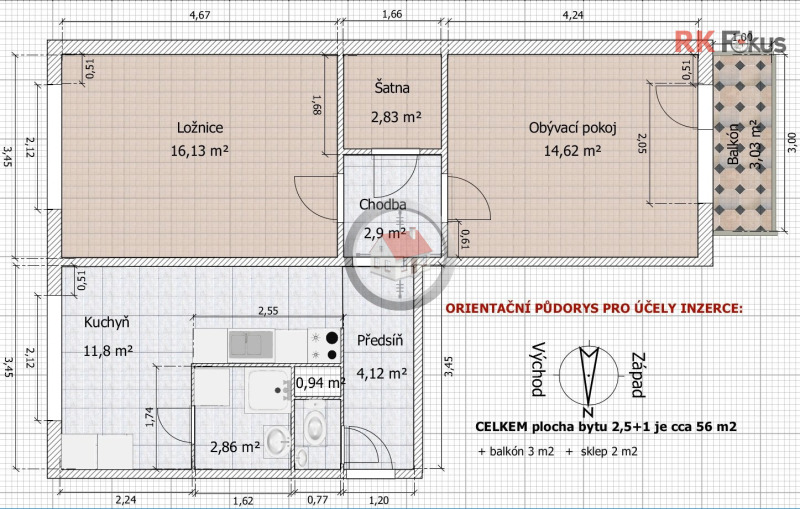 Pronájem zrekonstruovaného bytu 2+1 Třebíč, ul. Velkomeziříčská